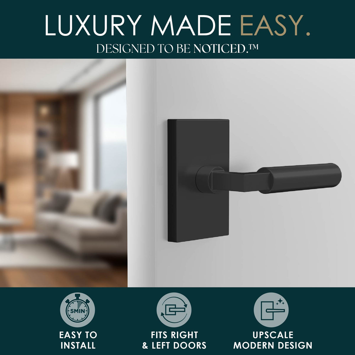 Camden Matte Black lever lifestyle graphic highlighting easy installation and modern design