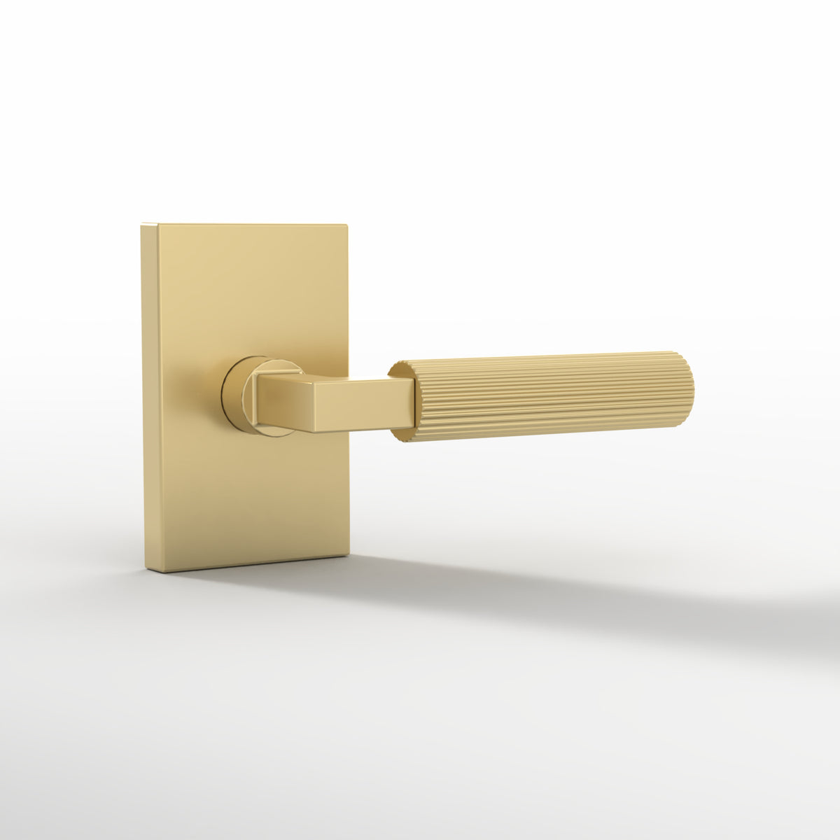 Ridge Satin Brass passage lever set with grooved cylindrical grip and exposed latch