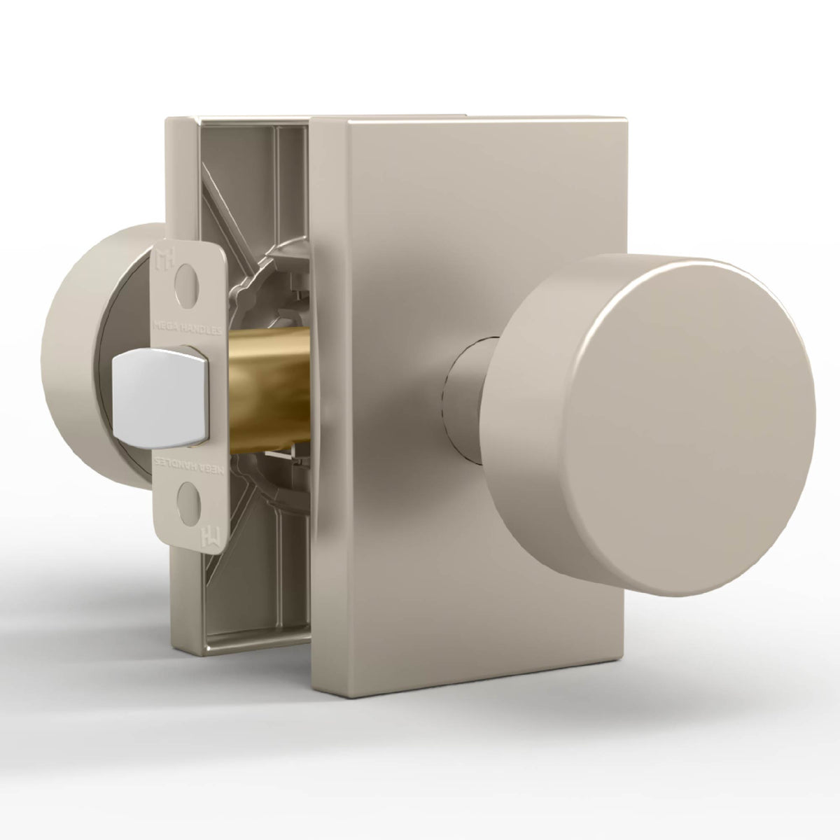 Laura Satin Nickel passage knob set with rectangular rosettes and exposed tubular latch