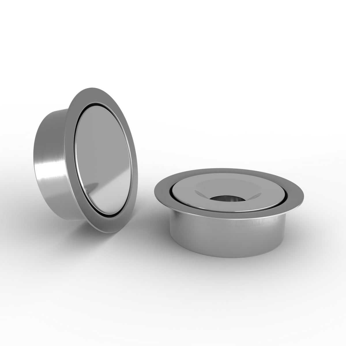 Two Classic Chrome concealed magnetic catch components with round recessed housings