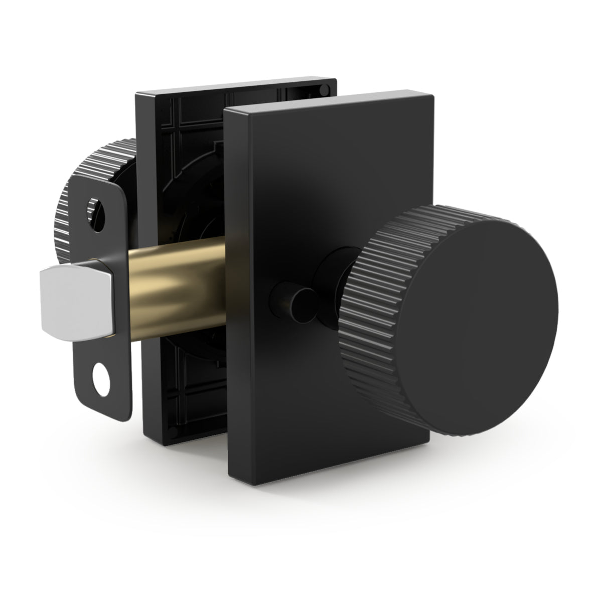 Cutaway view of a Ribba Matte Black ribbed knob set showing the tubular latch mechanism
