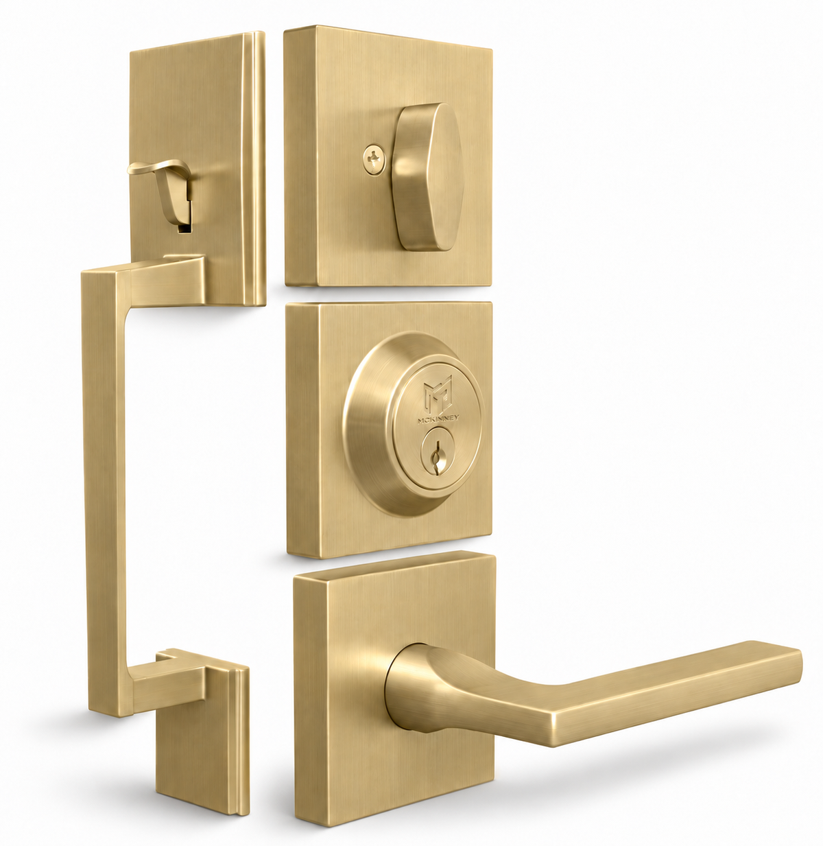 Tobelle Collection | Entrance Handle in satin brass on a white background