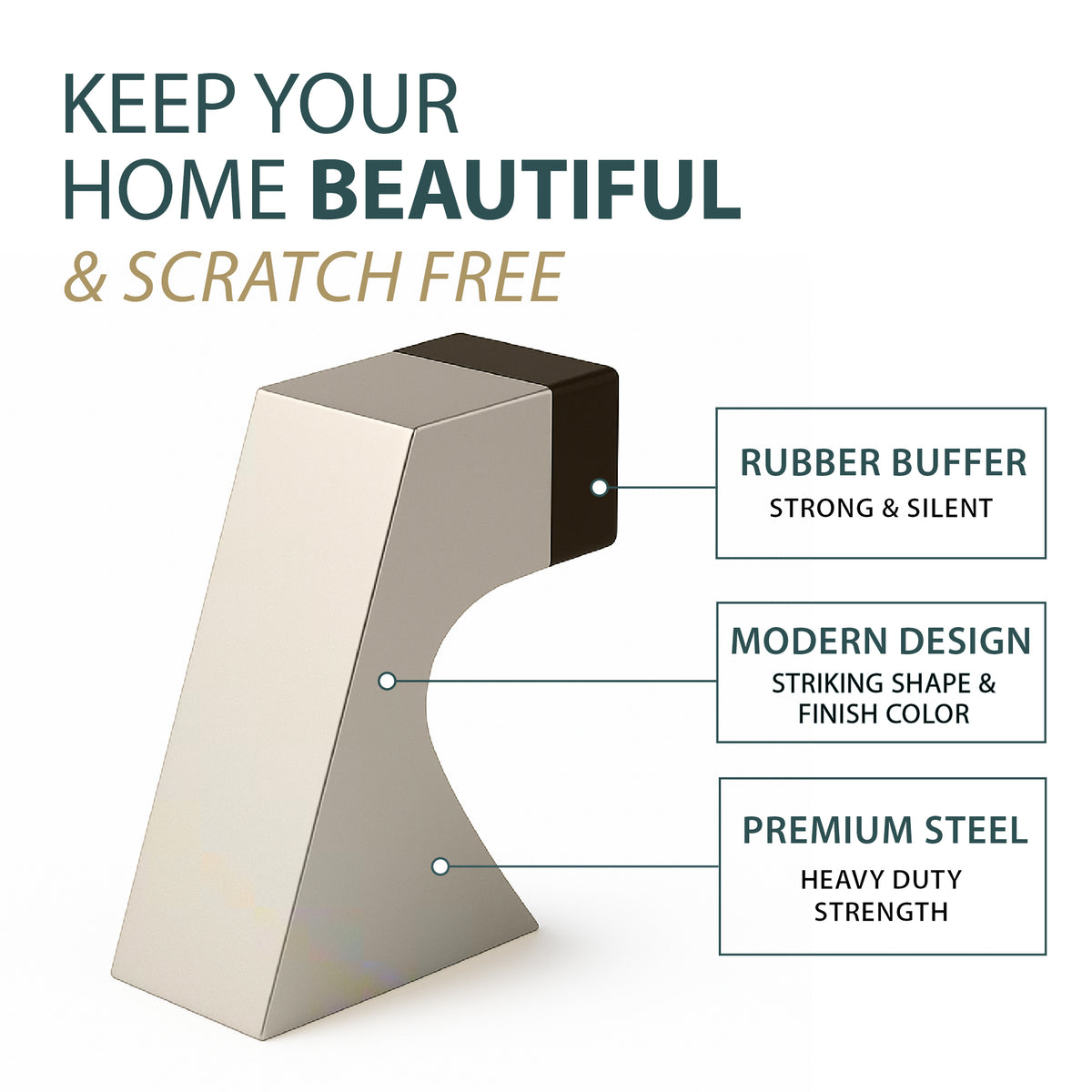 Satin nickel Curved Door Stopper feature diagram showing rubber buffer, steel body and arched profile
