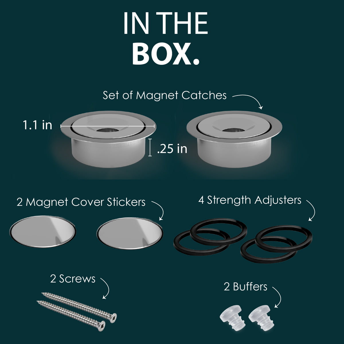 Classic Chrome concealed magnetic catch kit with covers, strength adjusters, screws, and bumpers