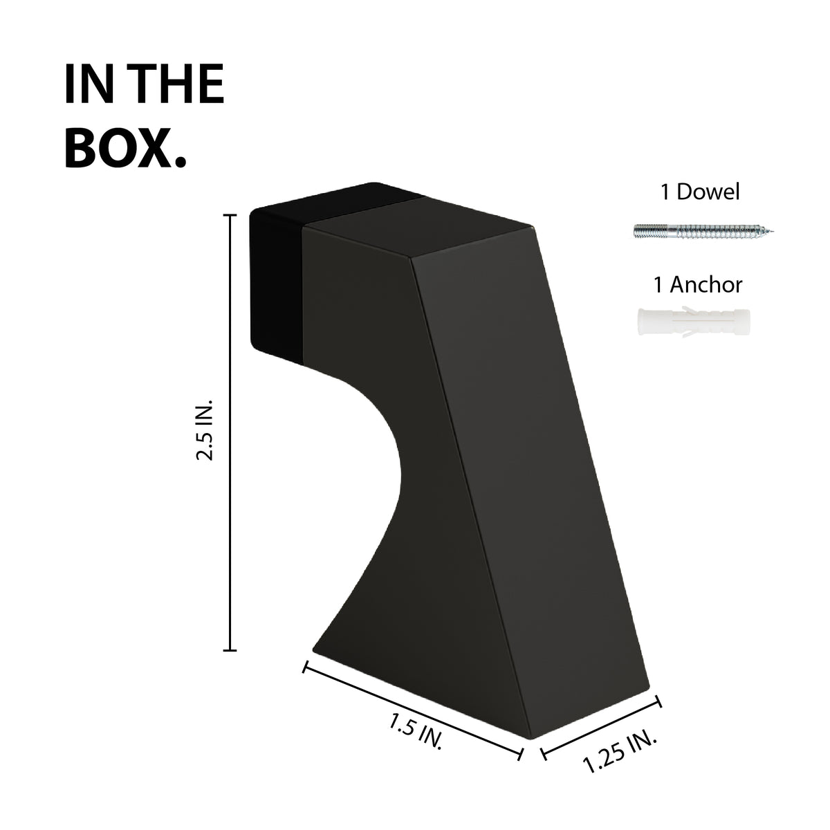 Matte black Curved Door Stopper dimensions with included dowel and anchor mounting hardware