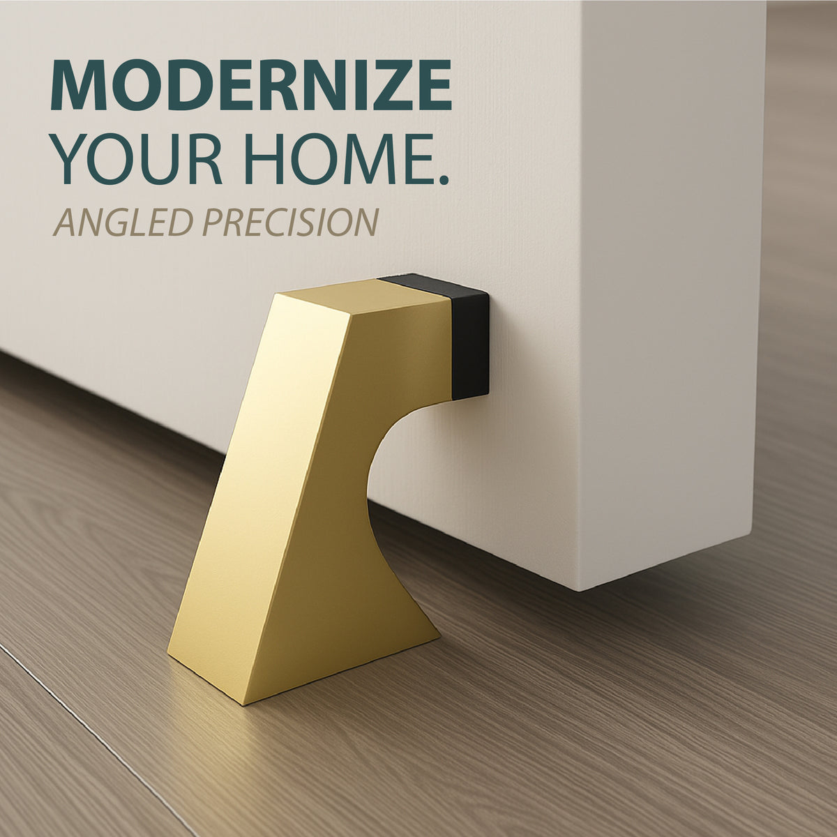 Satin brass Curved Door Stopper installed at the base of a white door on wood flooring