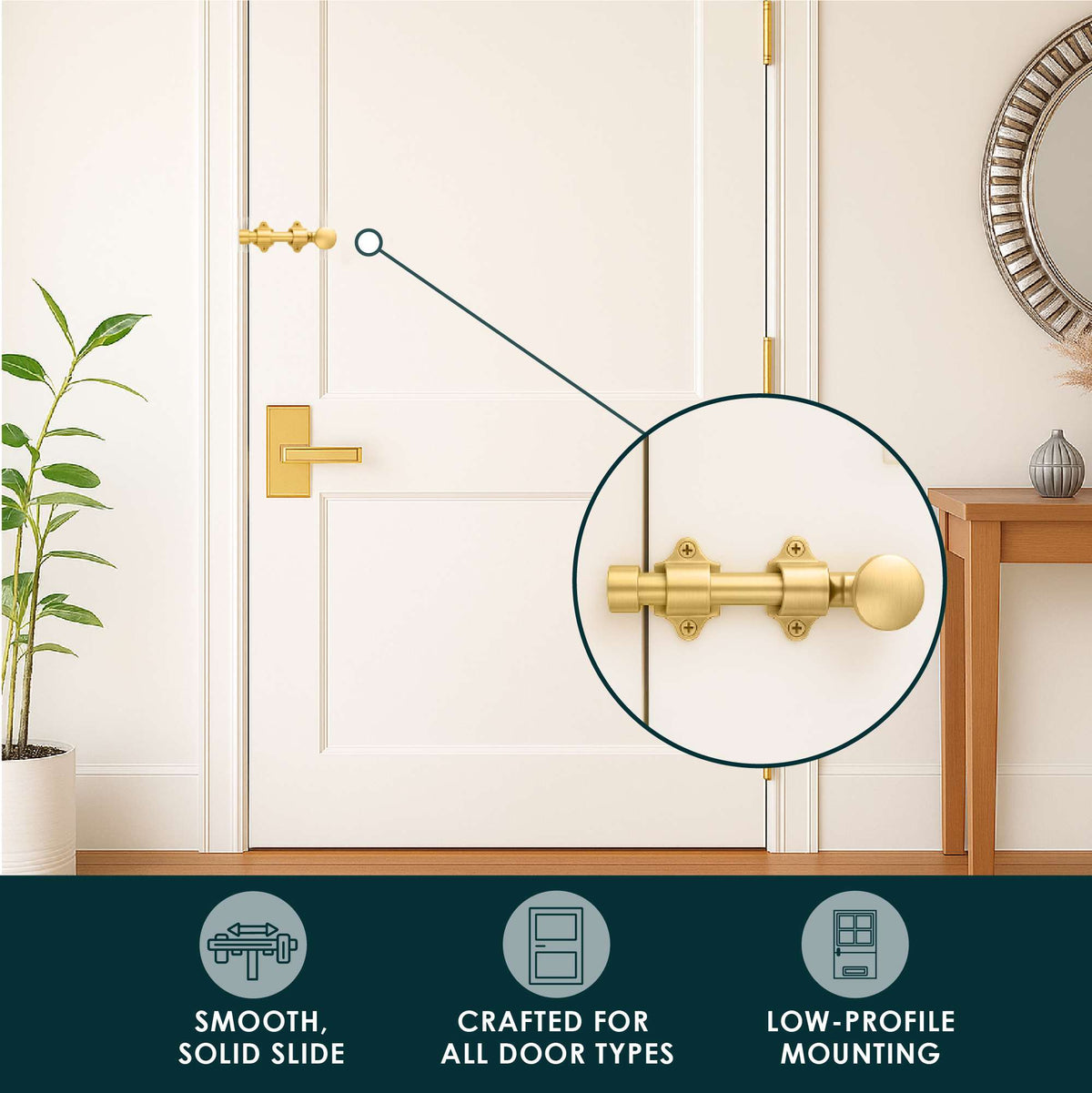 Satin brass Dutch Door Bolt installed horizontally on a white door with low-profile mounting callout
