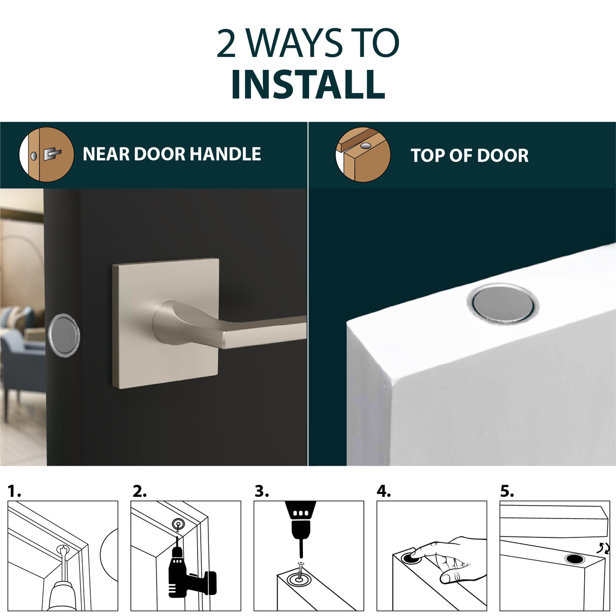 Two installation options for the Classic Chrome concealed magnetic catch near a handle or at the top of a door