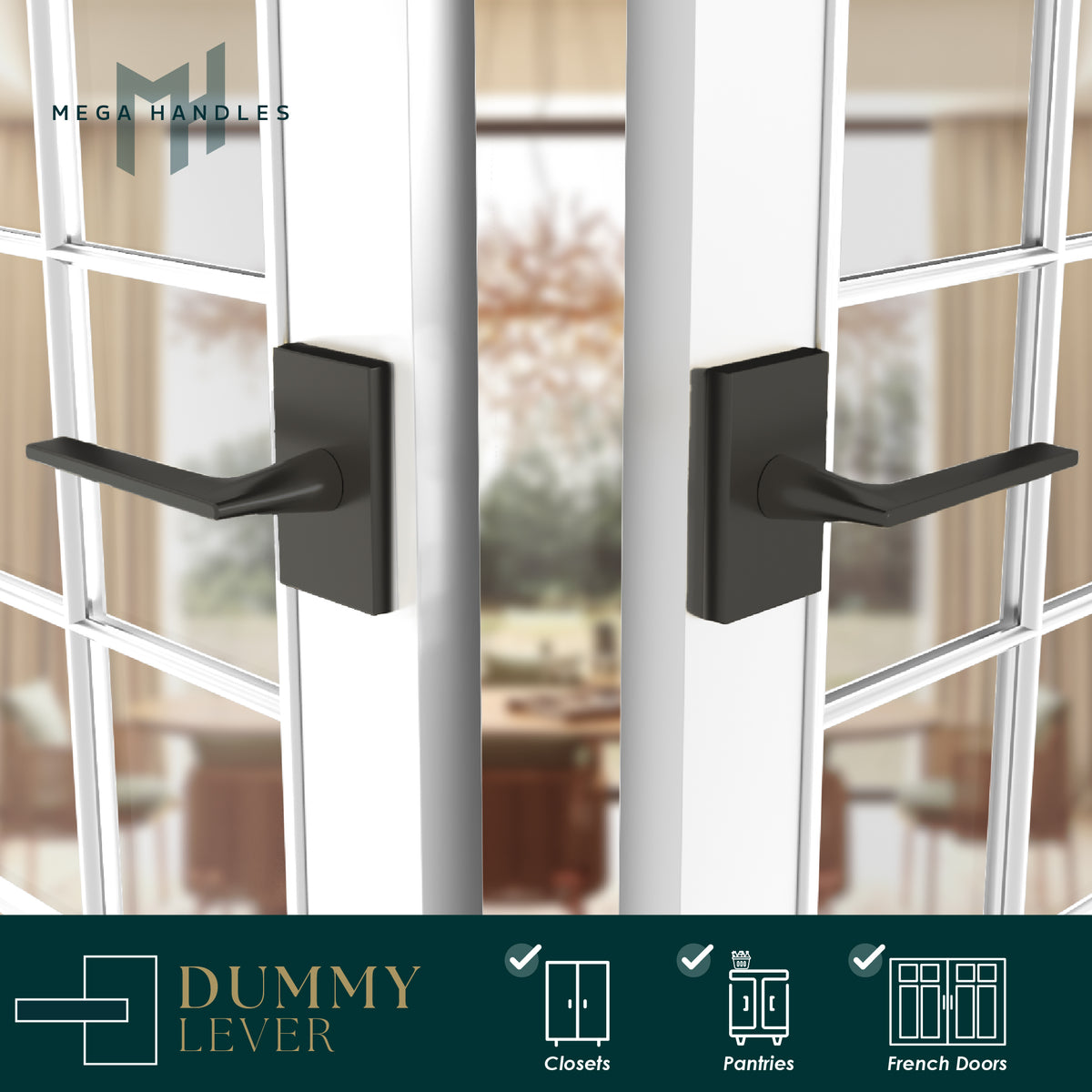 Apex Matte Black dummy levers installed on both sides of a black framed glass door