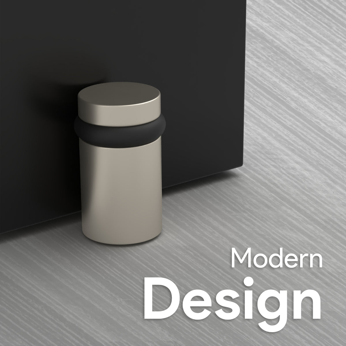 Satin nickel 3-inch Cylinder Door Stopper installed beside a door in a close-up interior view