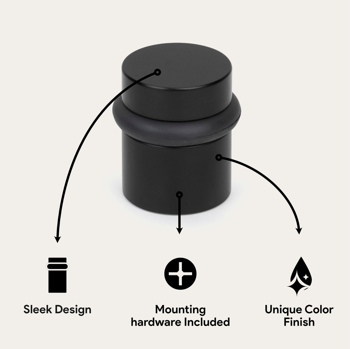 Matte black 1.5-inch Cylinder Door Stopper feature diagram with mounting hardware and finish callouts
