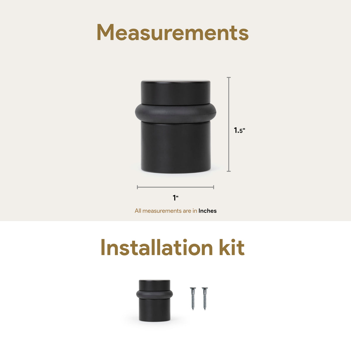 Matte black 1.5-inch Cylinder Door Stopper measurements and included mounting screws