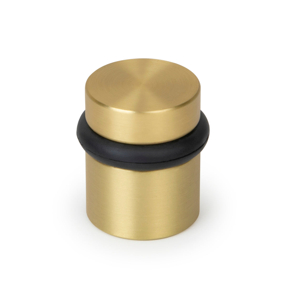 Satin brass 1.5-inch Cylinder Door Stopper isolated on white with black rubber bumper