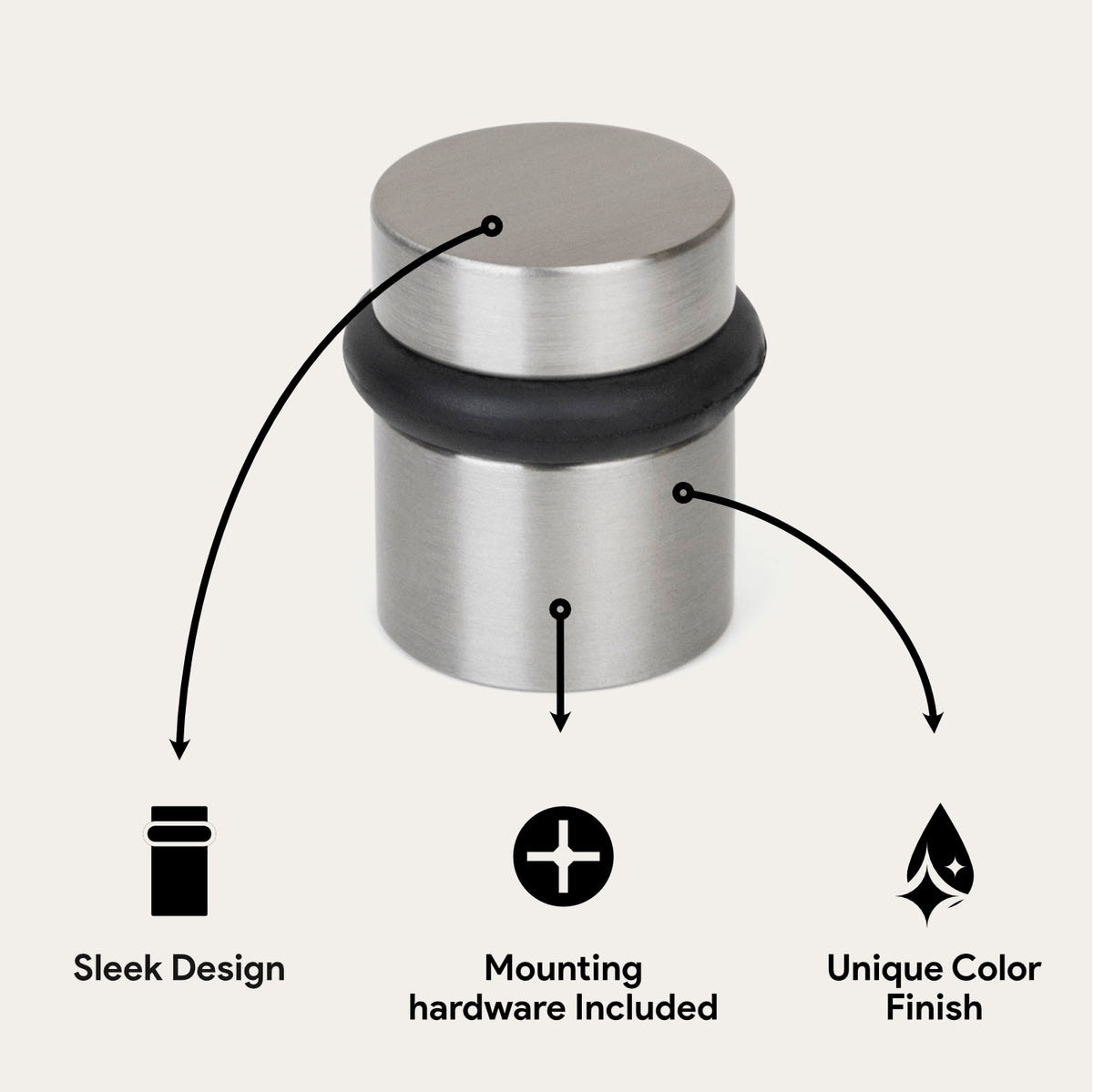Satin nickel 1.5-inch Cylinder Door Stopper feature diagram with mounting hardware and finish callouts