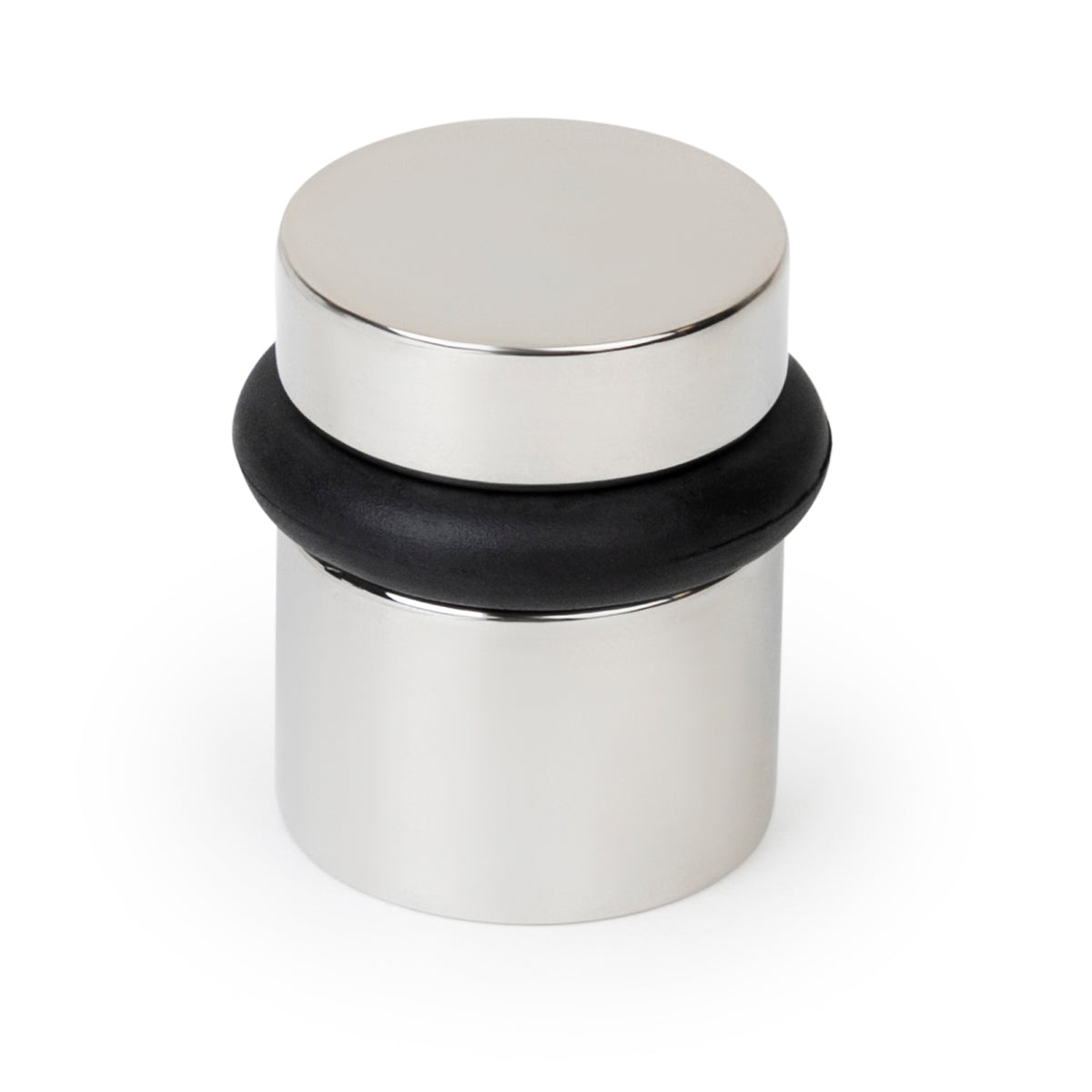 Polished chrome 1.5-inch Cylinder Door Stopper isolated on white with rounded black rubber bumper
