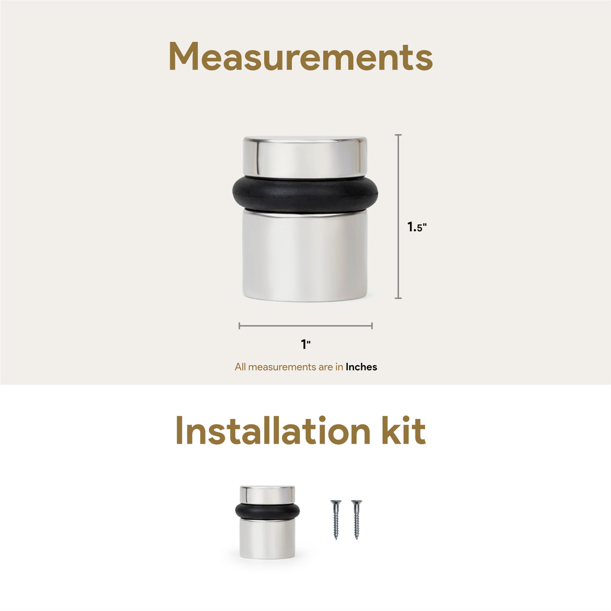 Polished chrome 1.5-inch Cylinder Door Stopper measurements and included mounting screws