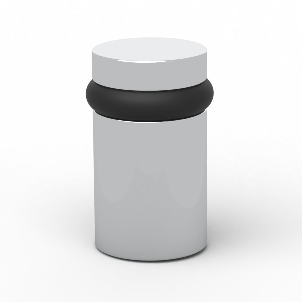 Polished chrome 3-inch Cylinder Door Stopper isolated on white with rounded black rubber bumper