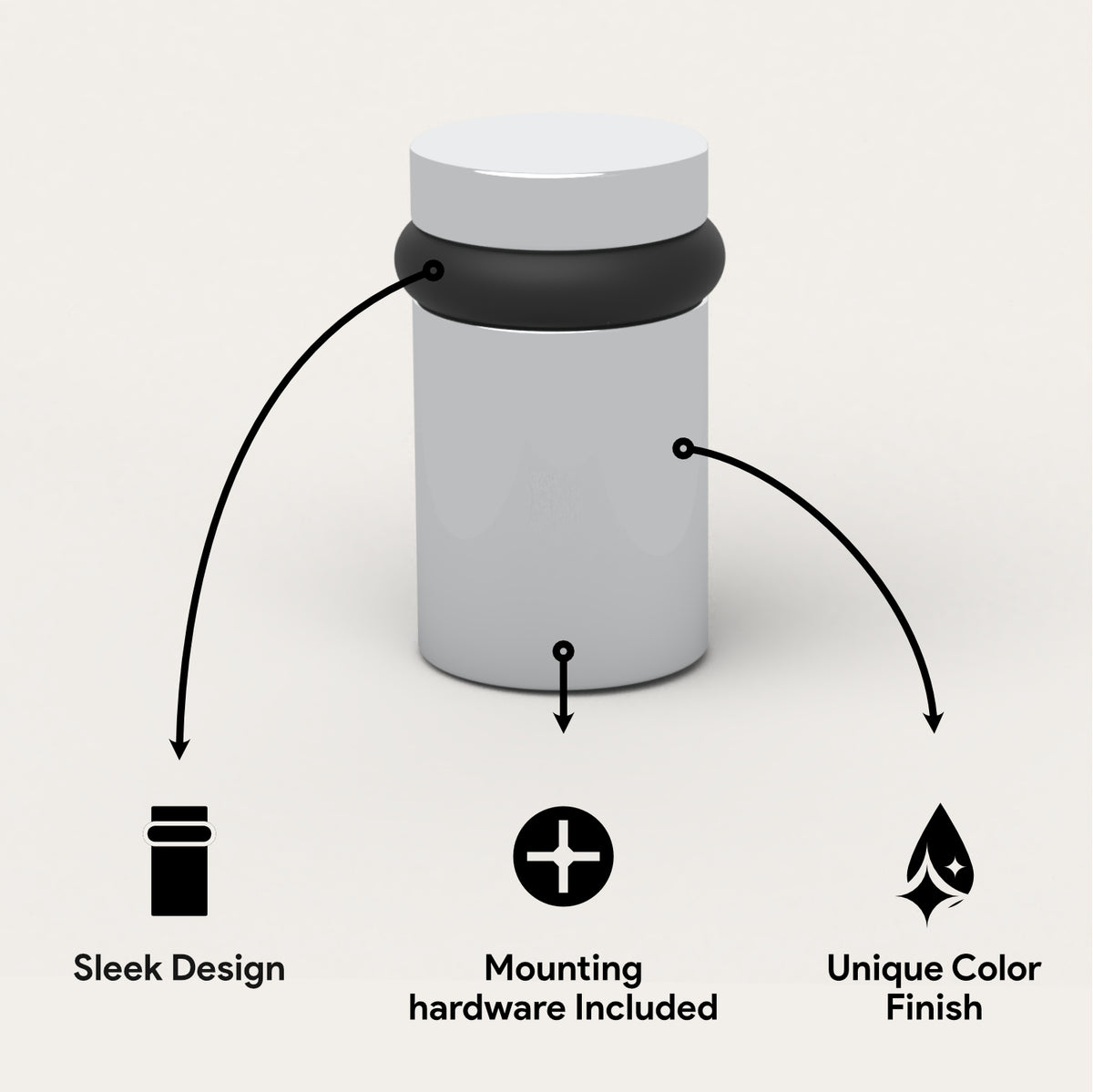 Polished chrome 3-inch Cylinder Door Stopper feature diagram with mounting hardware and finish callouts
