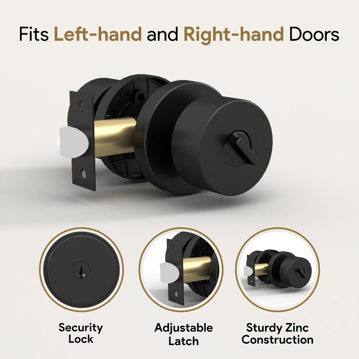 Buena Matte Black keyed entry knob compatibility graphic for left- and right-hand doors