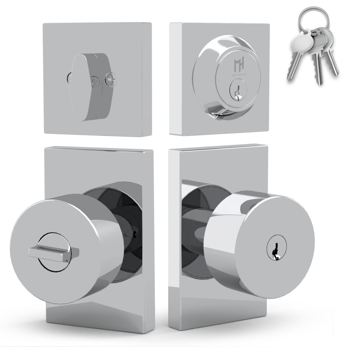 Laura Polished Chrome entry set diagram showing deadbolt, adjustable latch, security lock, and keys