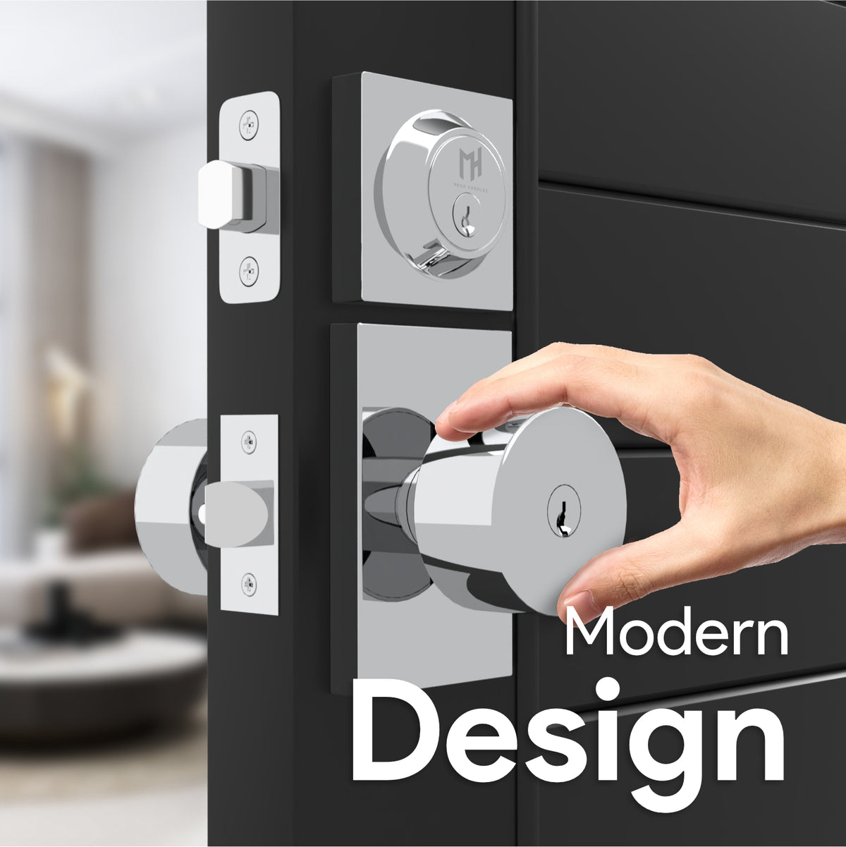 Laura Polished Chrome entry knob and deadbolt installed on a modern front door