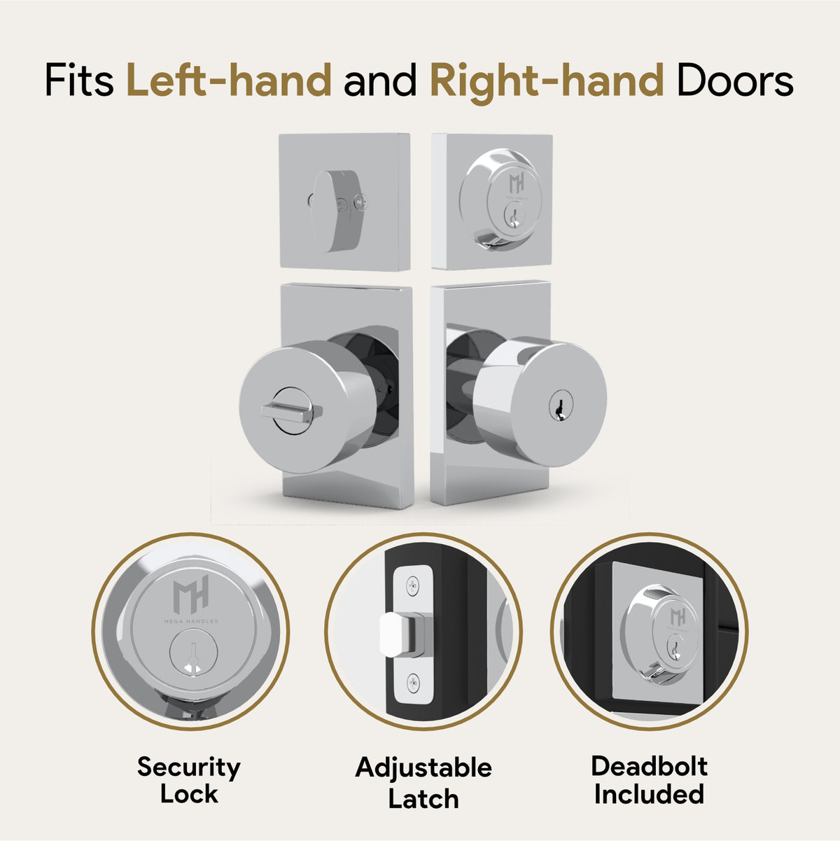 Hand turning a Laura Polished Chrome keyed entry knob beneath a matching deadbolt