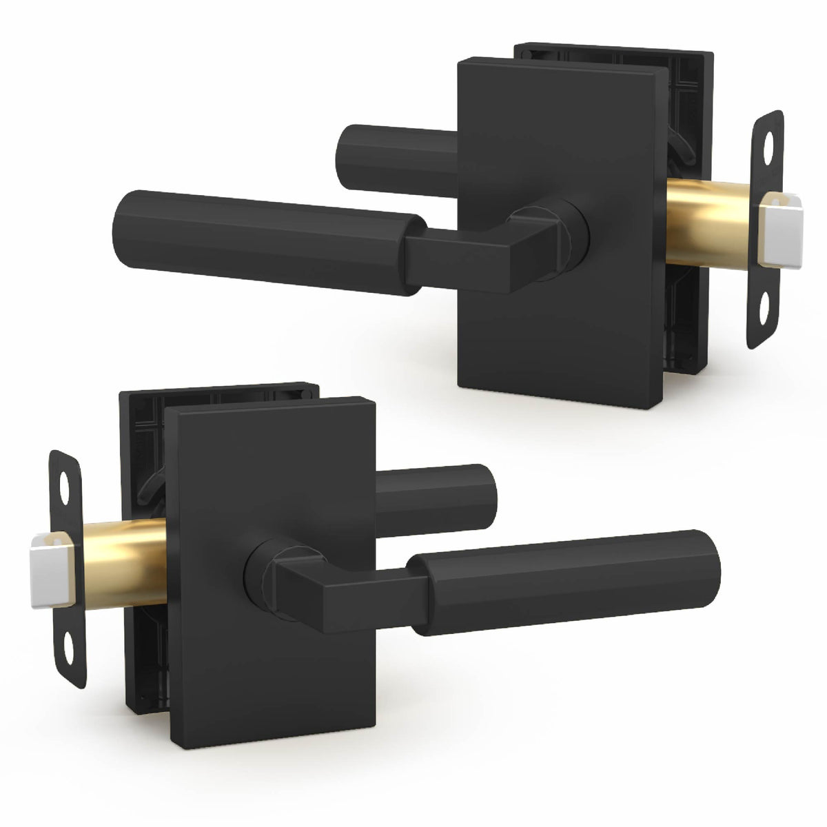Two views of a Benton Matte Black passage lever set with rectangular rosettes and exposed latch