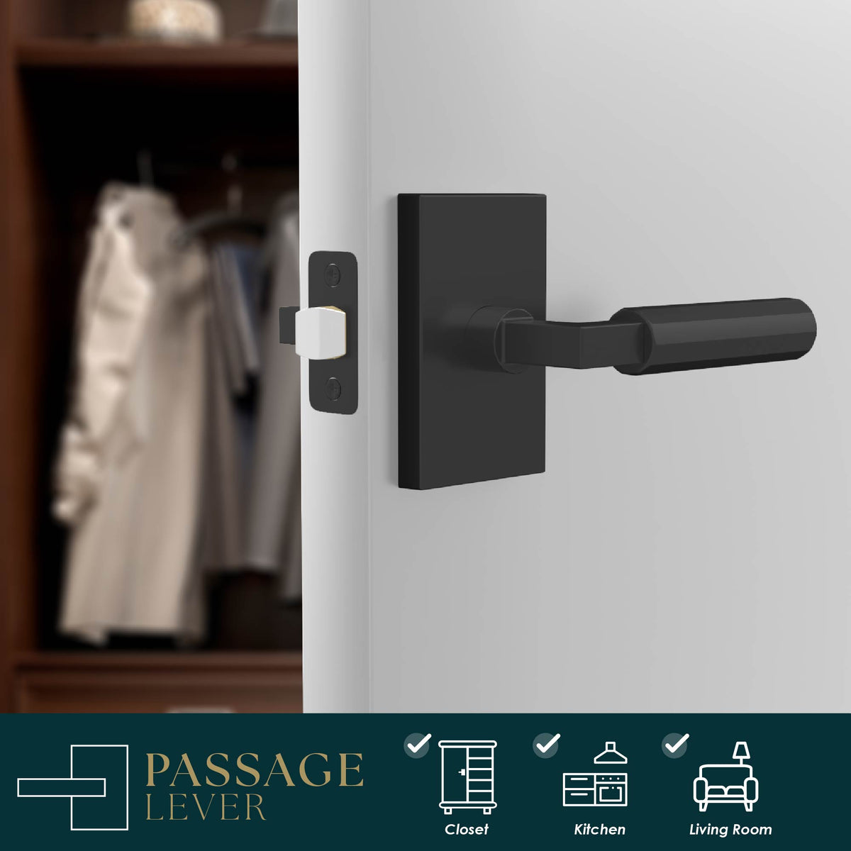 Benton Matte Black faceted passage lever installed on a light wardrobe door with latch visible
