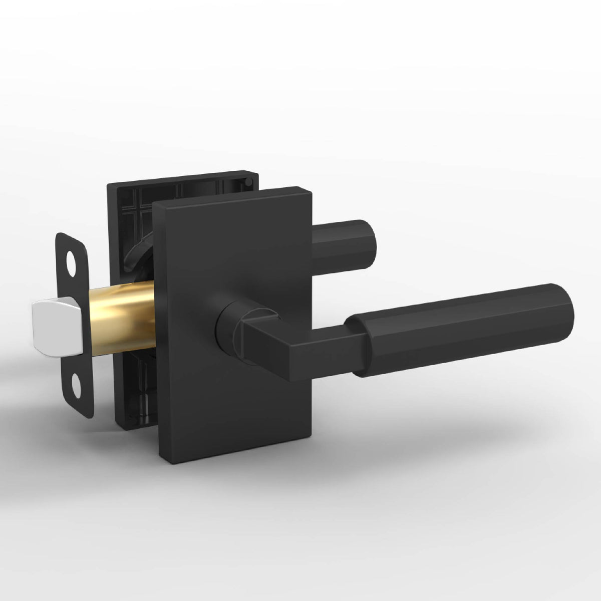 Benton Matte Black privacy lever set with rectangular rosettes and exposed latch