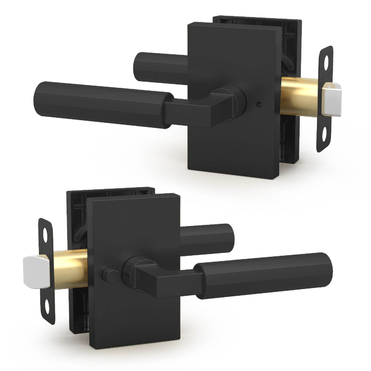 Front and rear cutaway views of a Benton Matte Black privacy lever set