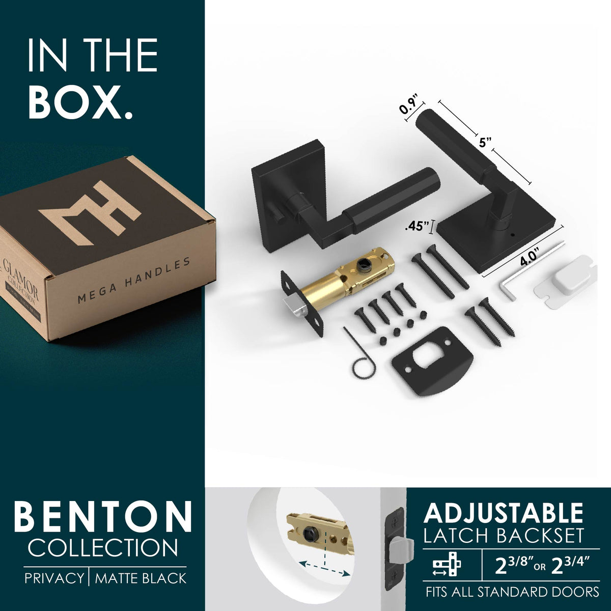 Benton Matte Black privacy set with faceted levers, latch, screws, tools, and packaging