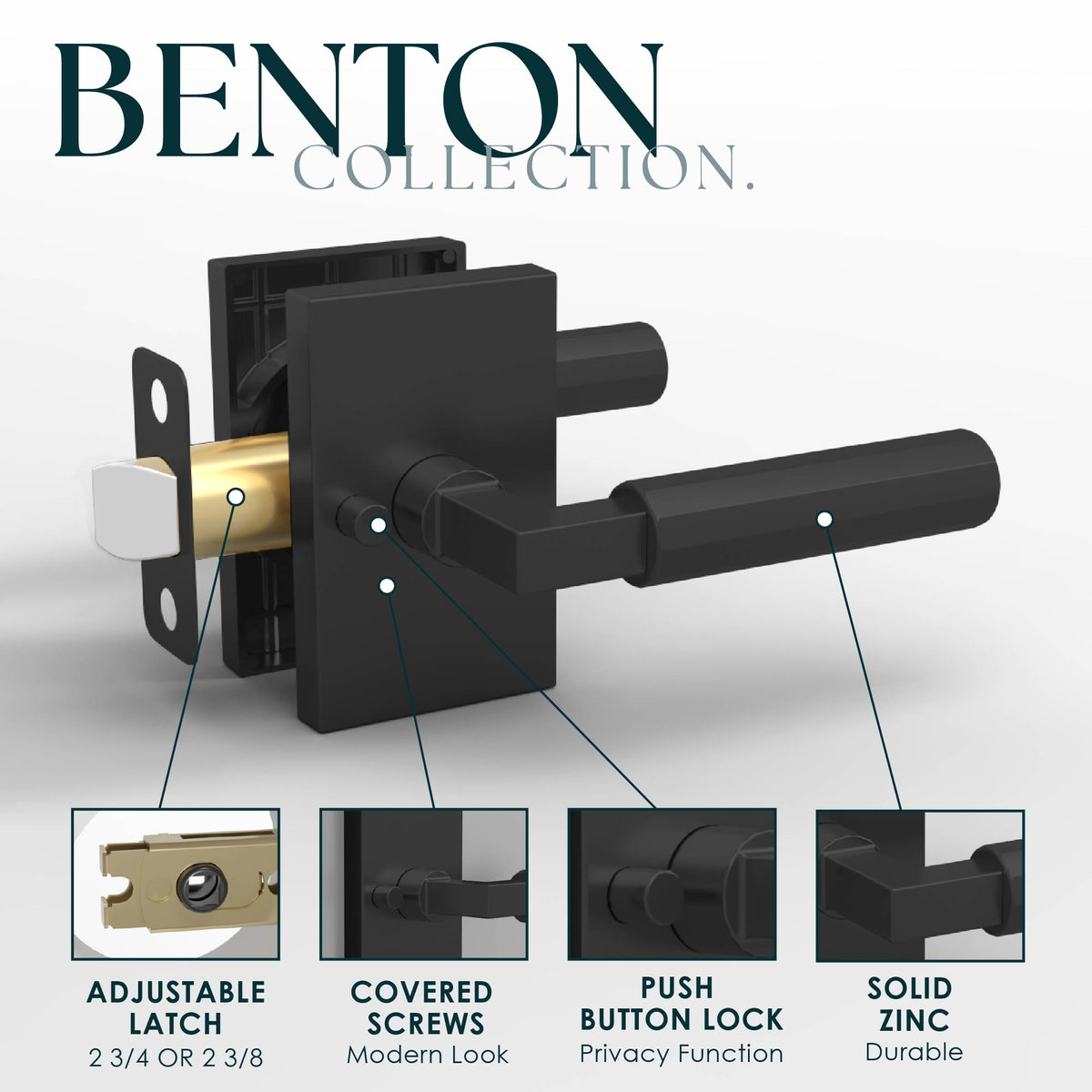 Benton Matte Black privacy lever set with rectangular rosettes and exposed latch