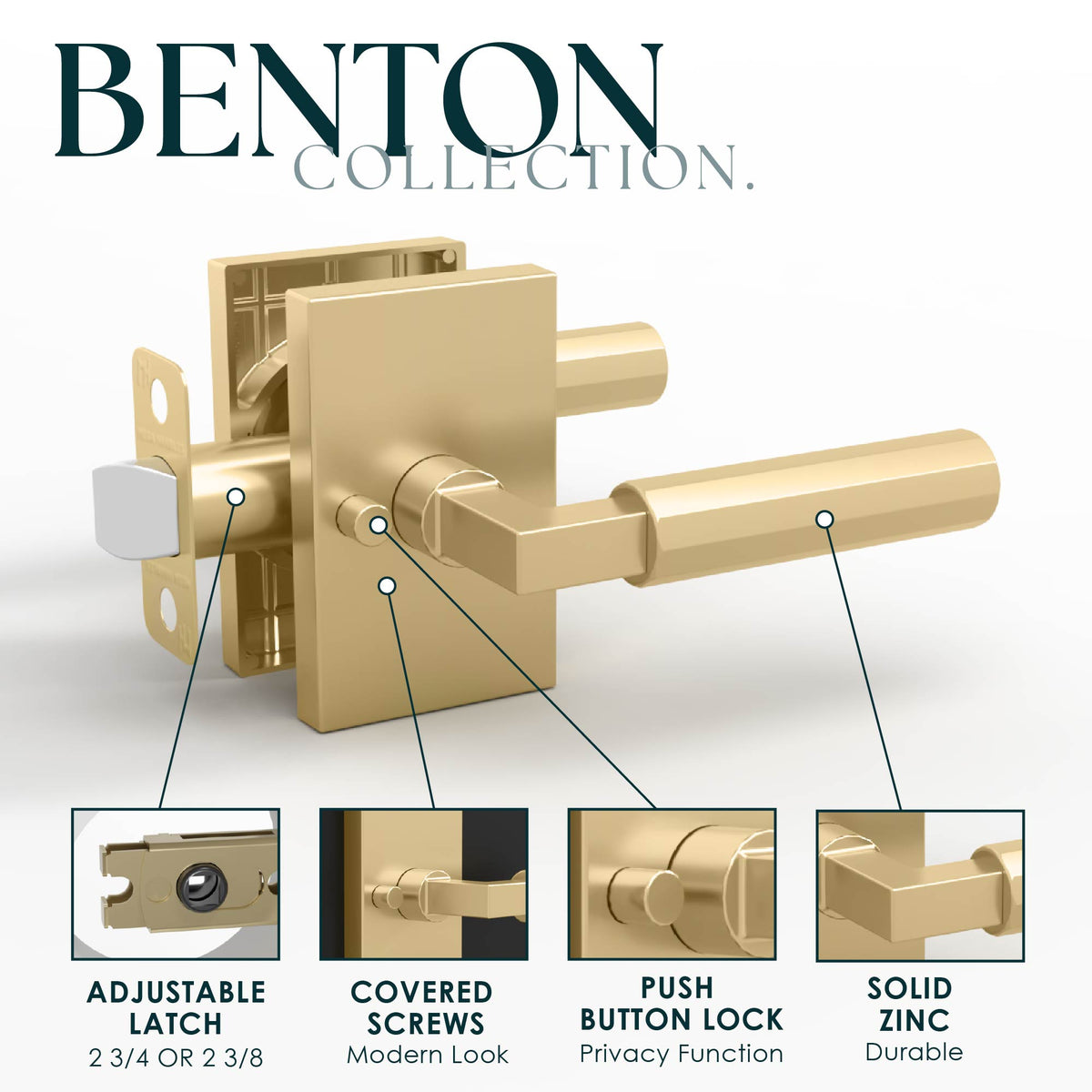 Benton Satin Brass privacy lever feature diagram showing push-button lock, adjustable latch, and solid zinc construction