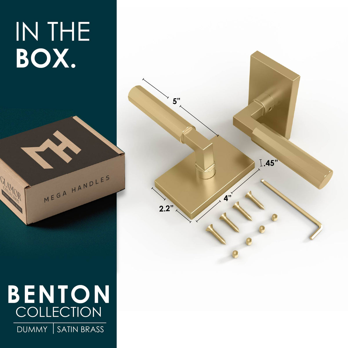 Benton Satin Brass dummy lever pair with rectangular rosettes, screws, hex key, and packaging