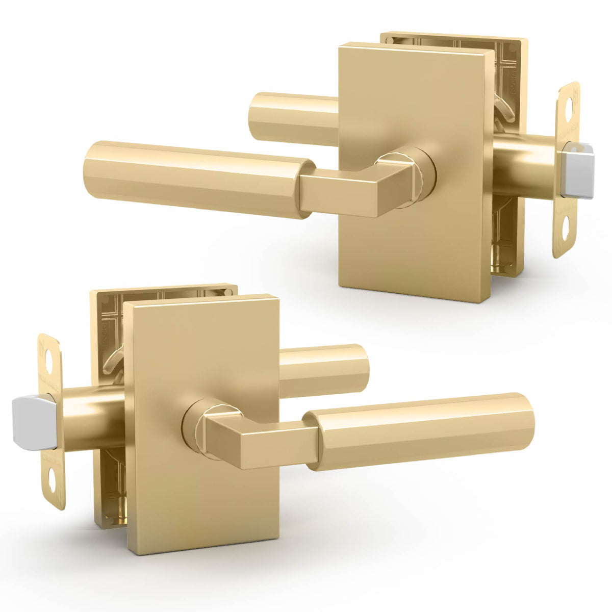 Front and rear cutaway views of a Benton Satin Brass privacy lever set