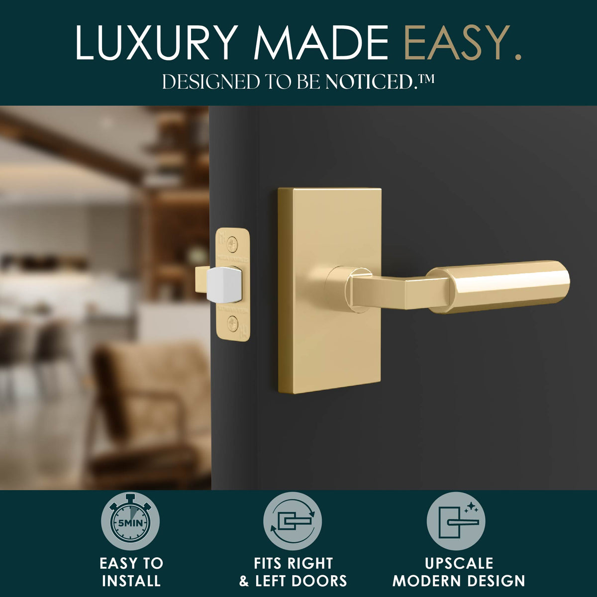 Benton Satin Brass passage lever lifestyle graphic highlighting easy installation and modern design