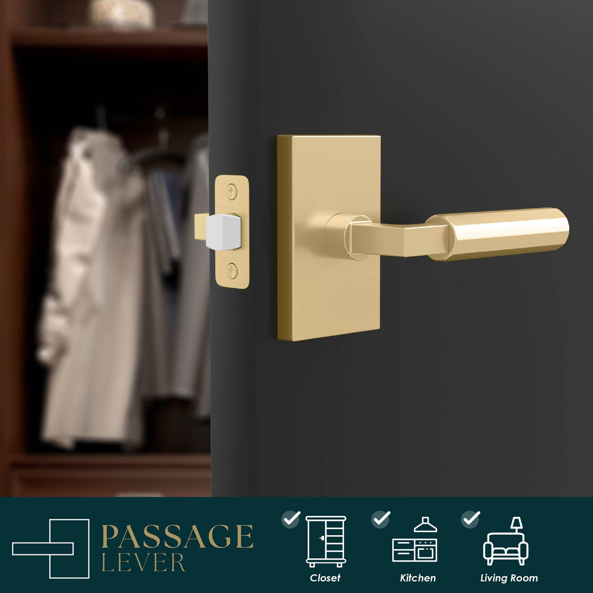Benton Satin Brass faceted passage lever installed on a dark wardrobe door with latch visible