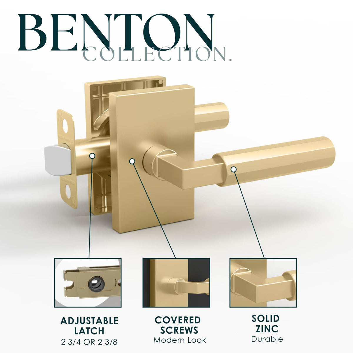 Benton Satin Brass passage lever feature diagram showing adjustable latch, covered screws, and solid zinc construction