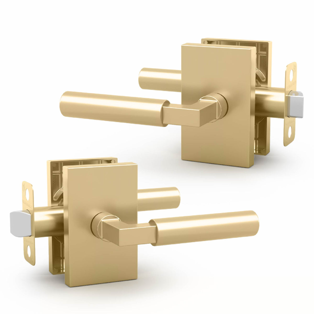 Two views of a Camden Satin Brass passage lever set with rectangular rosettes and exposed latch