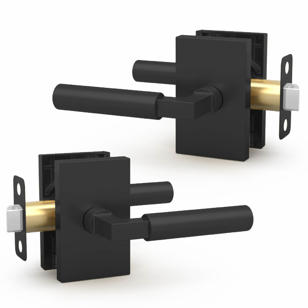 Two cutaway views of a Camden Matte Black cylindrical lever set with tubular latch