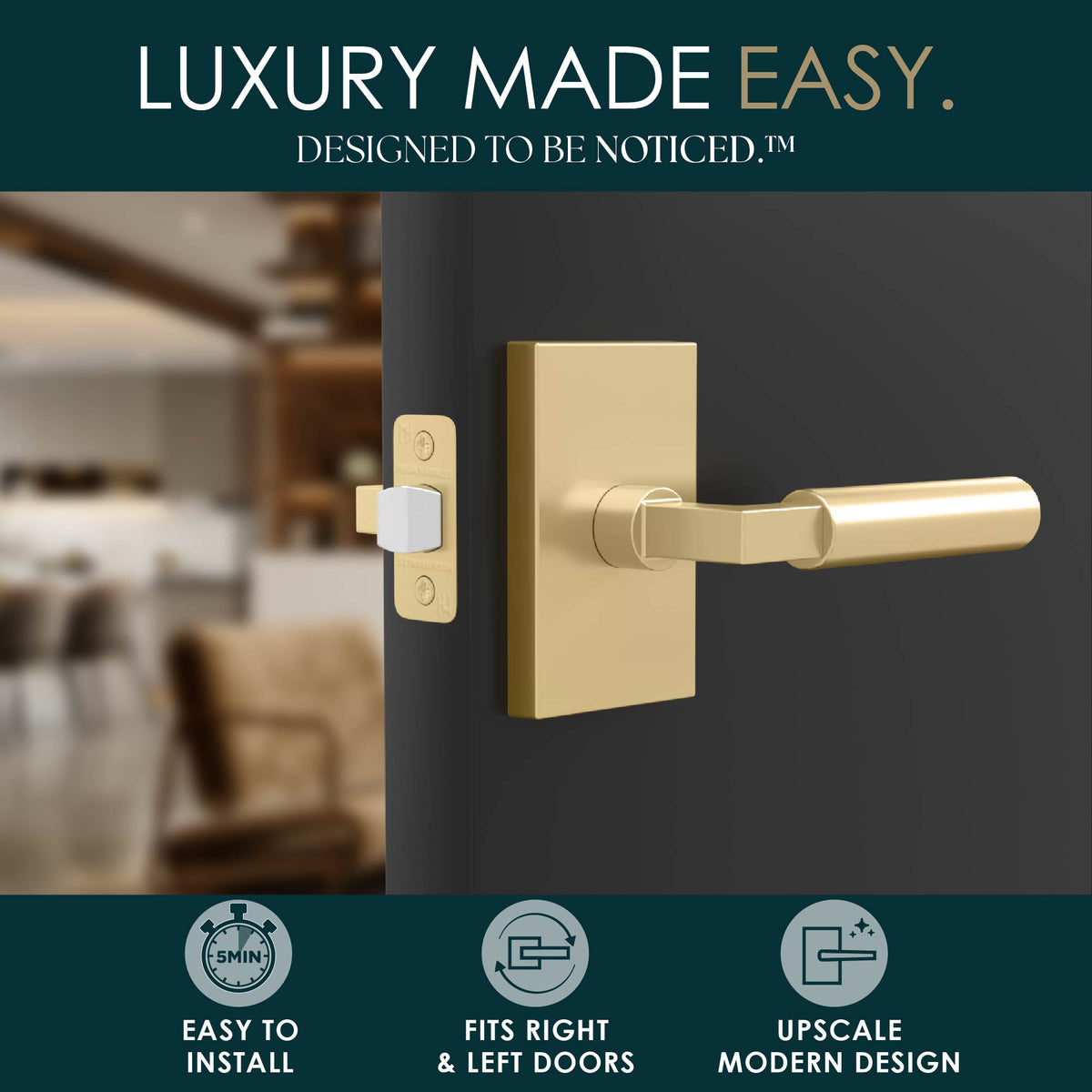 Camden Satin Brass passage lever lifestyle graphic highlighting easy installation and modern design