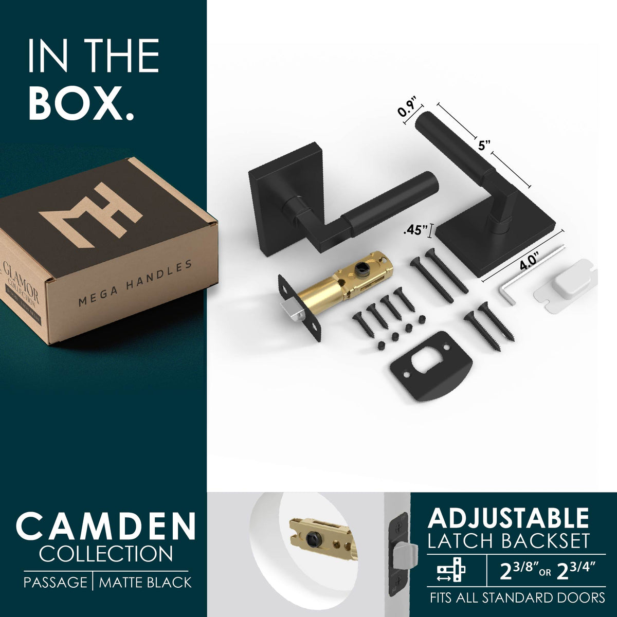 Camden Matte Black passage set with cylindrical levers, latch, screws, tools, and rectangular rosettes