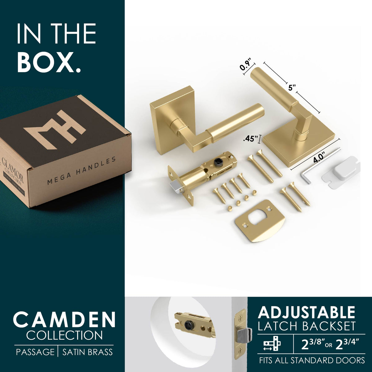 Camden Satin Brass passage set with cylindrical levers, latch, screws, tools, and rectangular rosettes