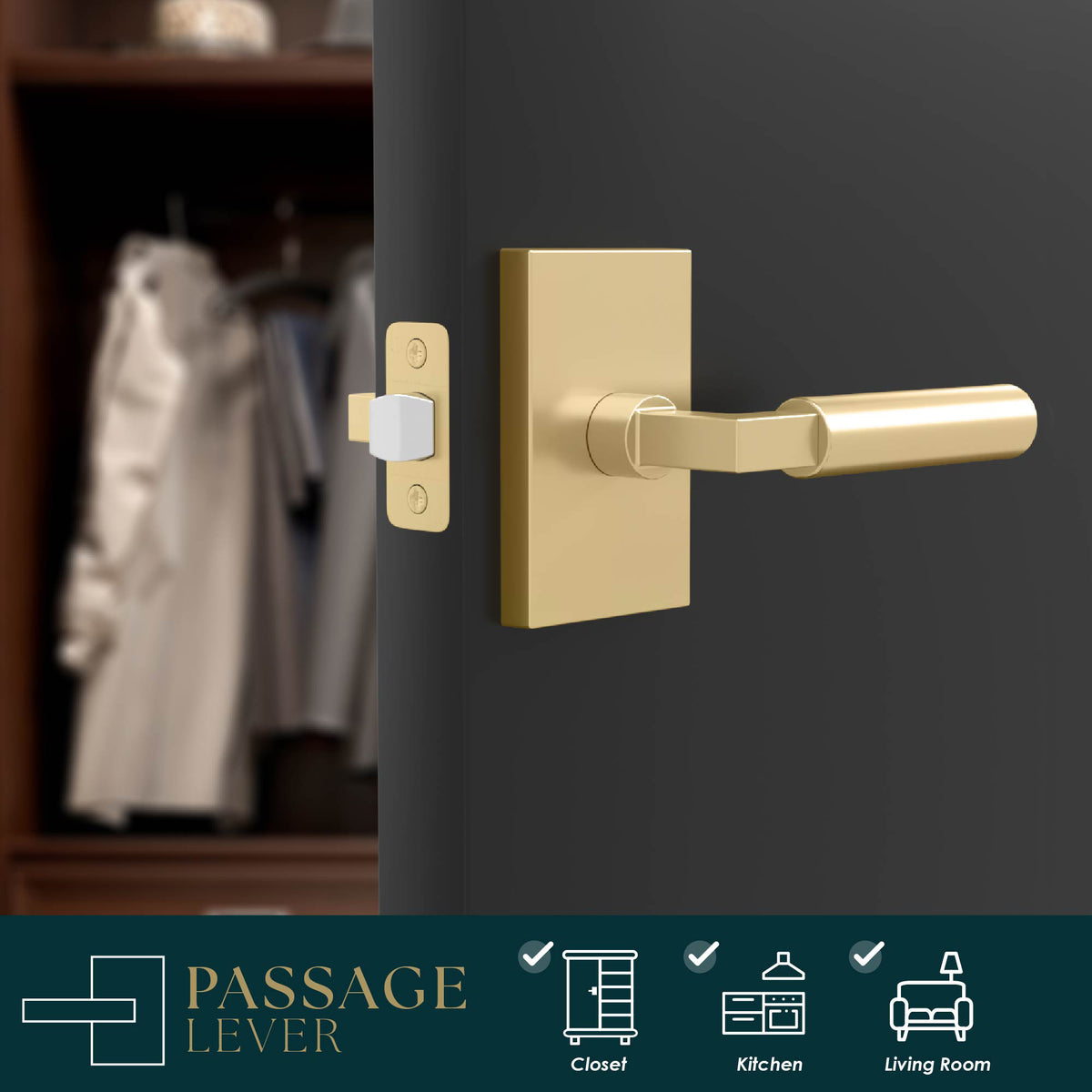 Camden Satin Brass cylindrical passage lever installed on a dark wardrobe door with latch visible