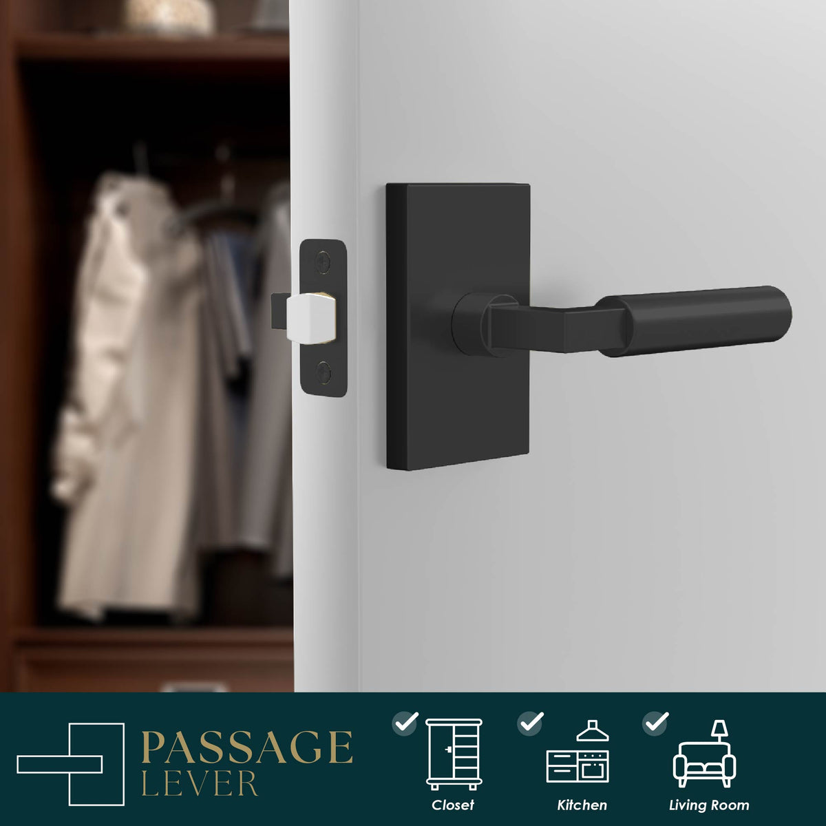 Camden Matte Black cylindrical passage lever installed on a light wardrobe door with latch visible