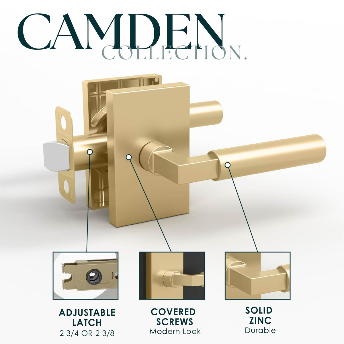 Camden Satin Brass passage lever feature diagram showing adjustable latch, covered screws, and solid zinc construction