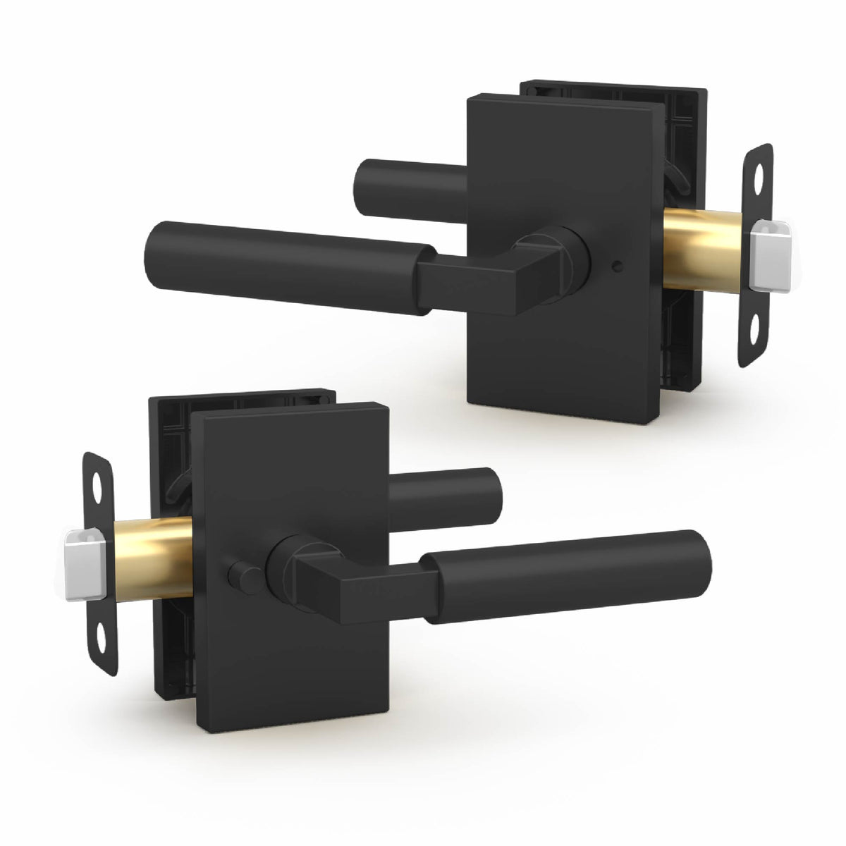 Two views of a Camden Matte Black privacy lever set with rectangular rosettes and exposed latch