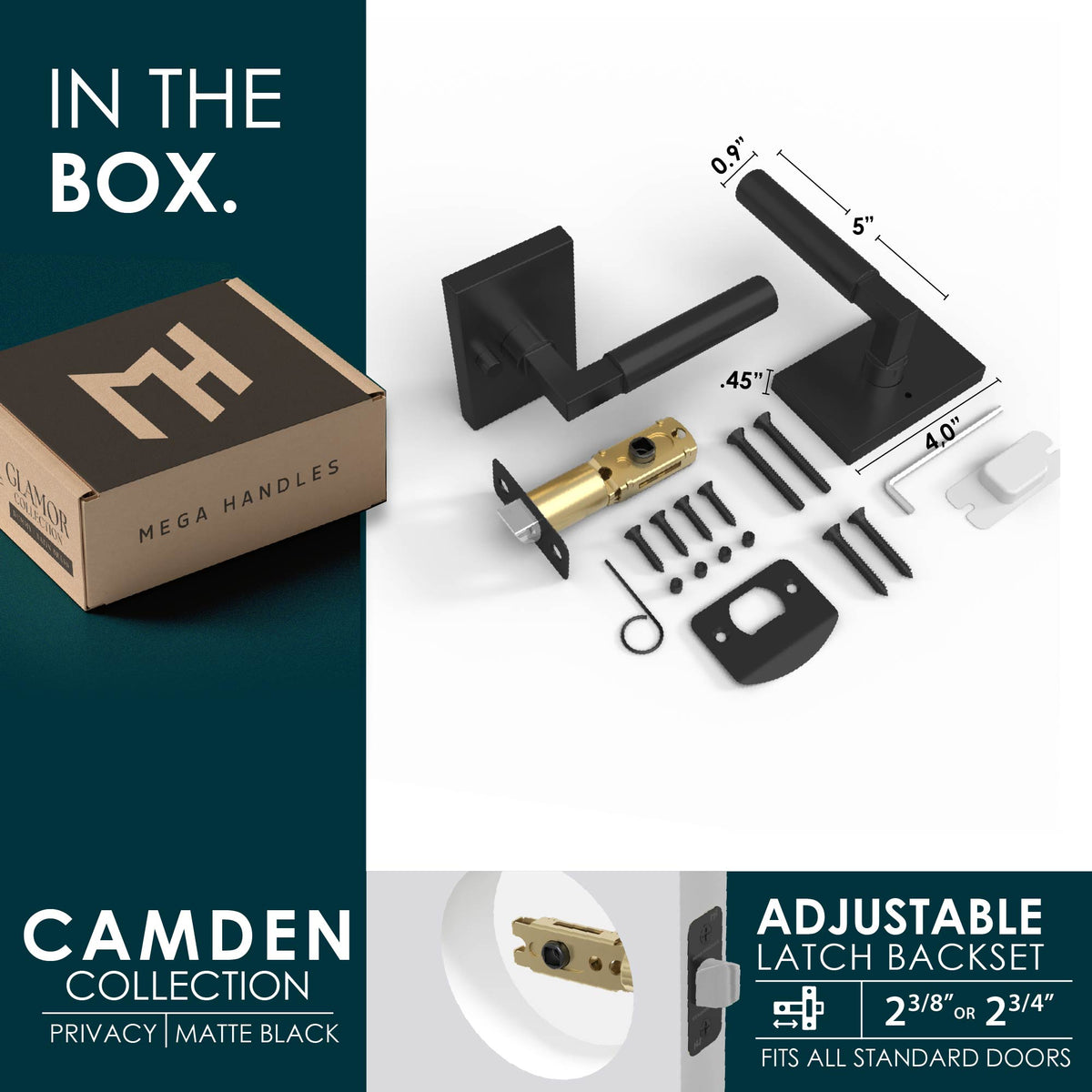 Camden Matte Black privacy set with cylindrical levers, latch, screws, tools, and rectangular rosettes
