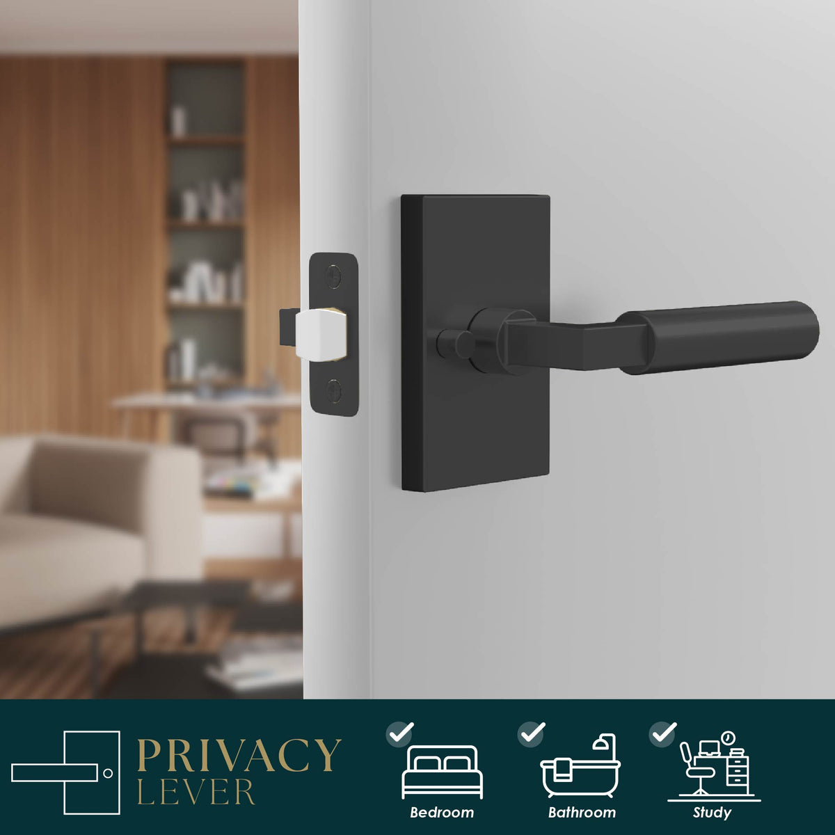 Camden Matte Black cylindrical privacy lever installed on a light bedroom door with latch visible