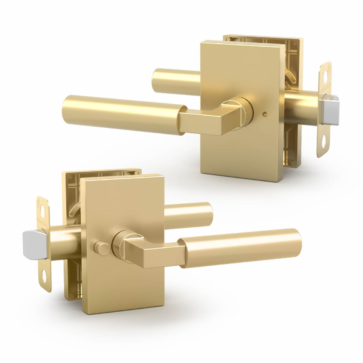 Two cutaway views of a Camden Satin Brass cylindrical lever set with tubular latch